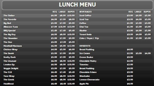 Digital Signage Template for Digital Menu Board - 40 Items with 3 Price Levels
