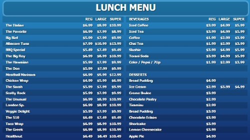 Digital Menu Board - 40 Items with 3 Price Levels in Blue color