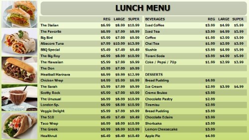 Digital Menu Board - 40 Items with 3 Price Levels in Green color