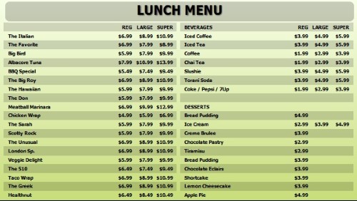 Digital Menu Board - 40 Items with 3 Price Levels in Green color