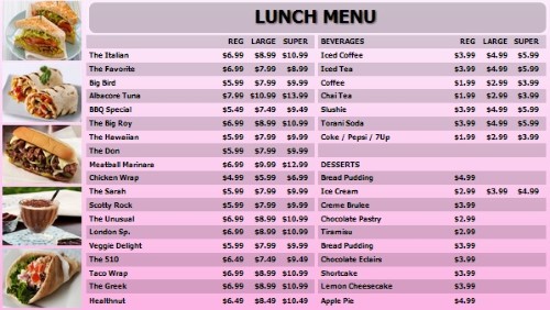 Digital Menu Board - 40 Items with 3 Price Levels in Pink color