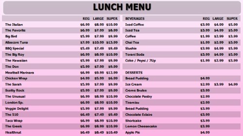 Digital Menu Board - 40 Items with 3 Price Levels in Pink color