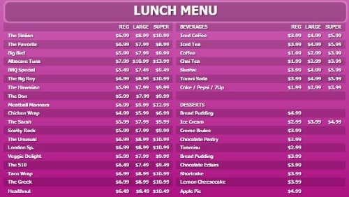 Digital Menu Board - 40 Items with 3 Price Levels in Purple color