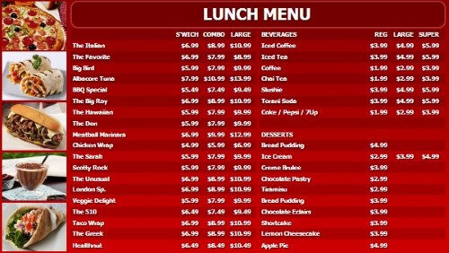 Digital Menu Board - 40 Items with 3 Price Levels in Red color