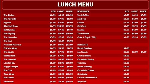 Digital Menu Board - 40 Items with 3 Price Levels in Red color