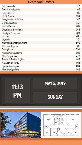 Vertical Lobby Directory with Date and Time - 20 Items in Orange color