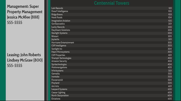 Lobby Directory - 30 Items in Emerald color
