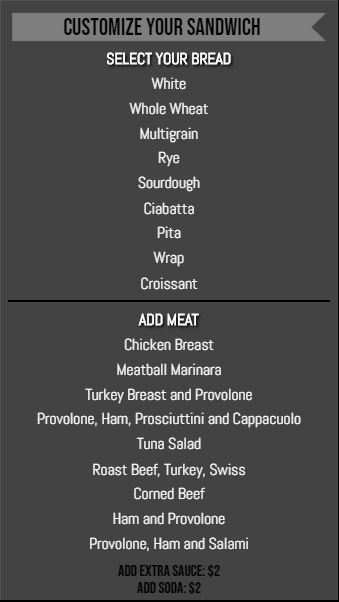 Vertical Build Your Own Menu  - 20 Items in Black color