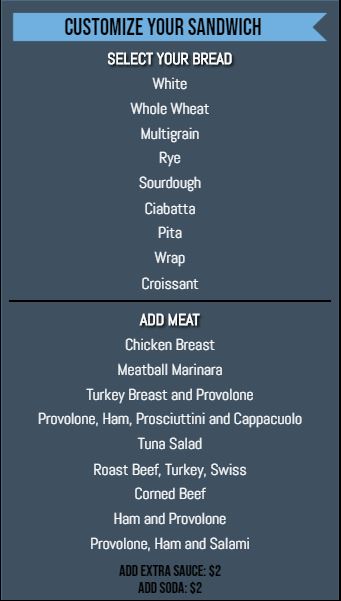 Vertical Build Your Own Menu  - 20 Items in Blue color