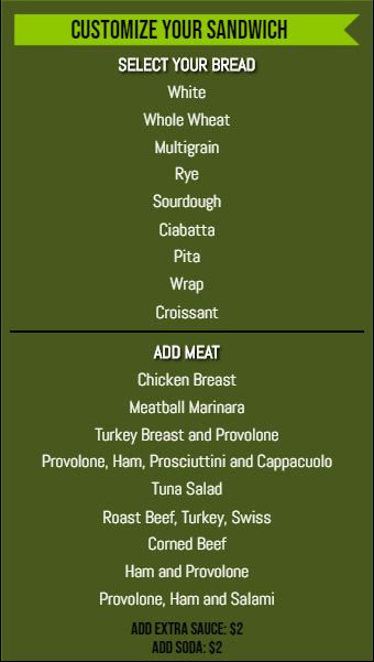 Vertical Build Your Own Menu  - 20 Items in Green color