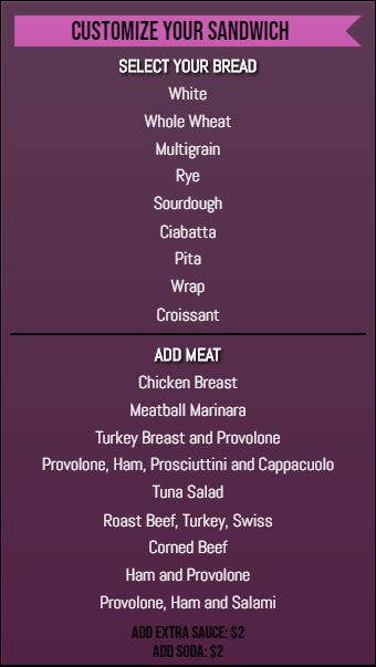 Vertical Build Your Own Menu  - 20 Items in Purple color