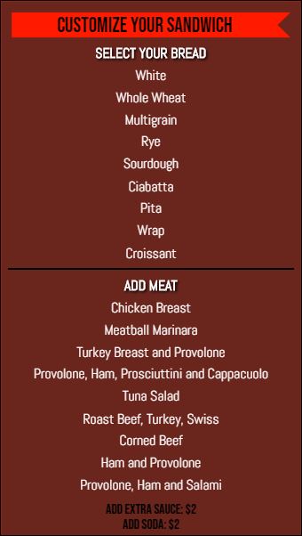 Vertical Build Your Own Menu  - 20 Items in Red color