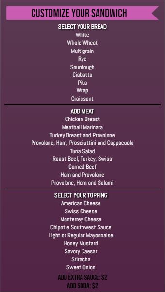 Vertical Build Your Own Menu  - 30 Items in Purple color