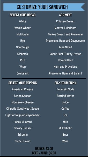 Vertical Build Your Own Menu  - 40 Items in Blue color