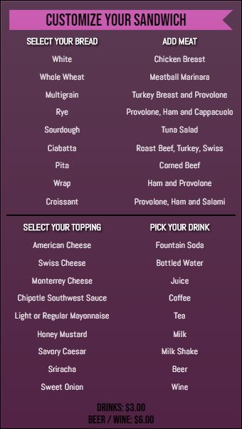 Vertical Build Your Own Menu  - 40 Items in Purple color