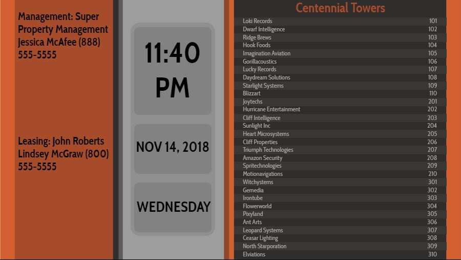 Lobby Directory with Date and Time - 30 Items in Orange color