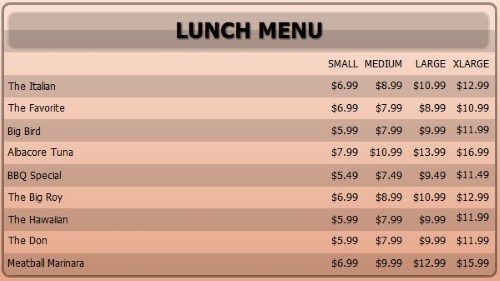 Digital Menu Board - 10 Items with 4 Price Levels in Orange color