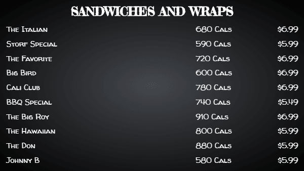 Chalkboard menu with calorie information in black color