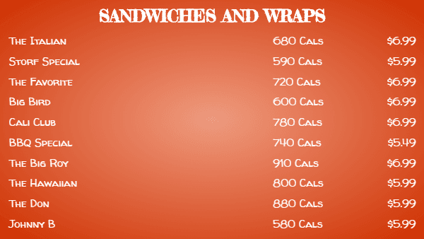 Chalkboard menu with calorie information in orange color