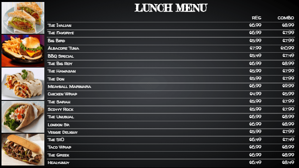 Chalkboard menu with 2 prices in black color