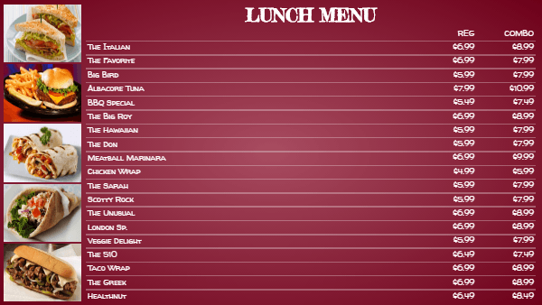Chalkboard menu with 2 prices in maroon color