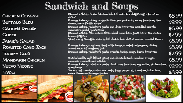 Chalkboard menu for sandwich shop in black color