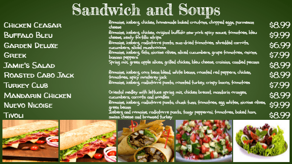 Chalkboard menu for sandwich shop in green color