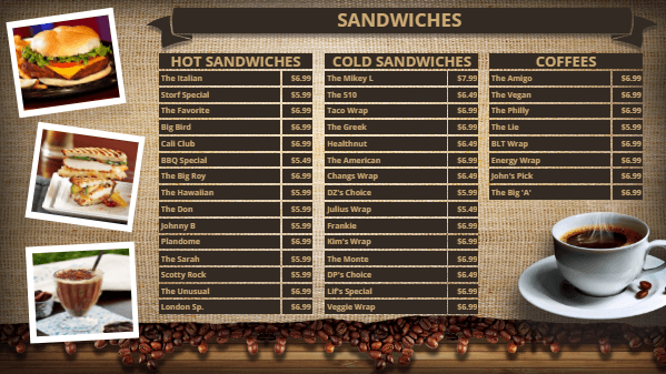 Coffee Shop Digital Menu Board Template in Brown color